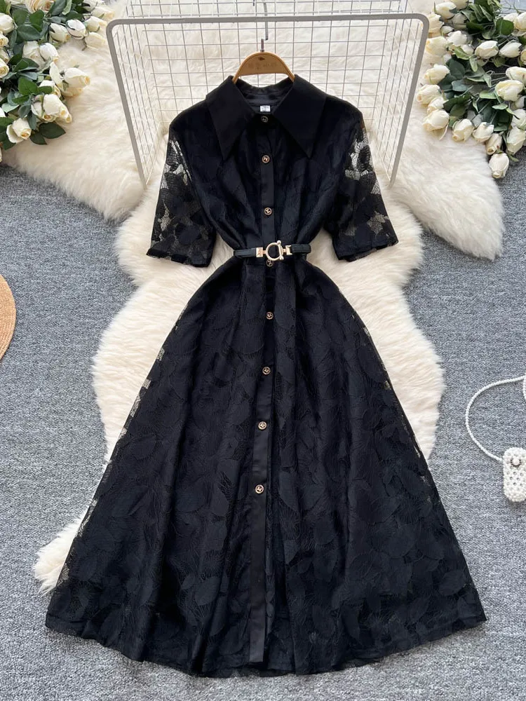 우아한 하이웨이스트 A라인 드레스 한국 스타일 반팔 레이스 여성 드레스 우아한 롱 스커트 컬러 블록 턴다운 칼라