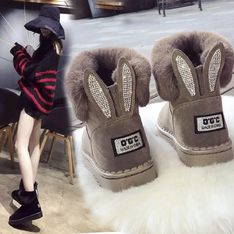 Comemore Ankle Boots for Women Black Boots 2022 Fur Winter Shoes Warm Black Round Toe Casual Female Snow Boot Rabbit Ears Cute