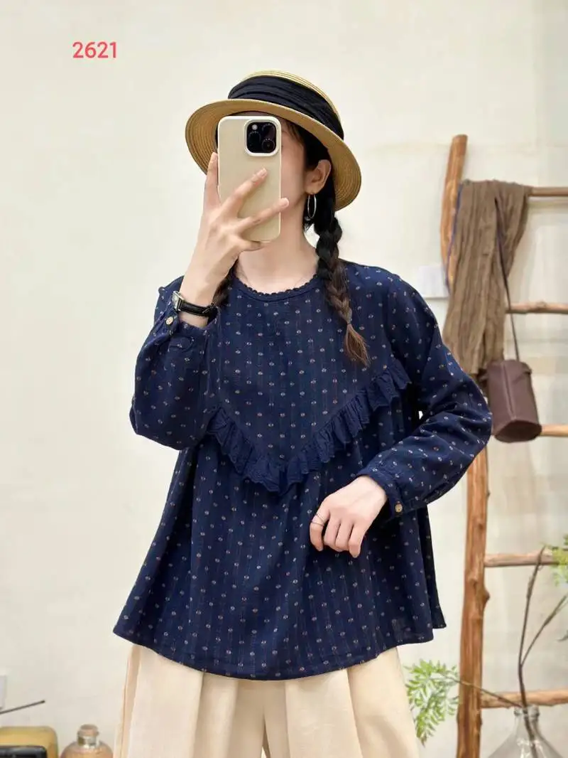 Chemise à manches longues en coton pour femmes, chemisier ample à volants, imprimé à pois, Style Preppy Mori Girl, nouvelle collection automne 2025 T5O551CC