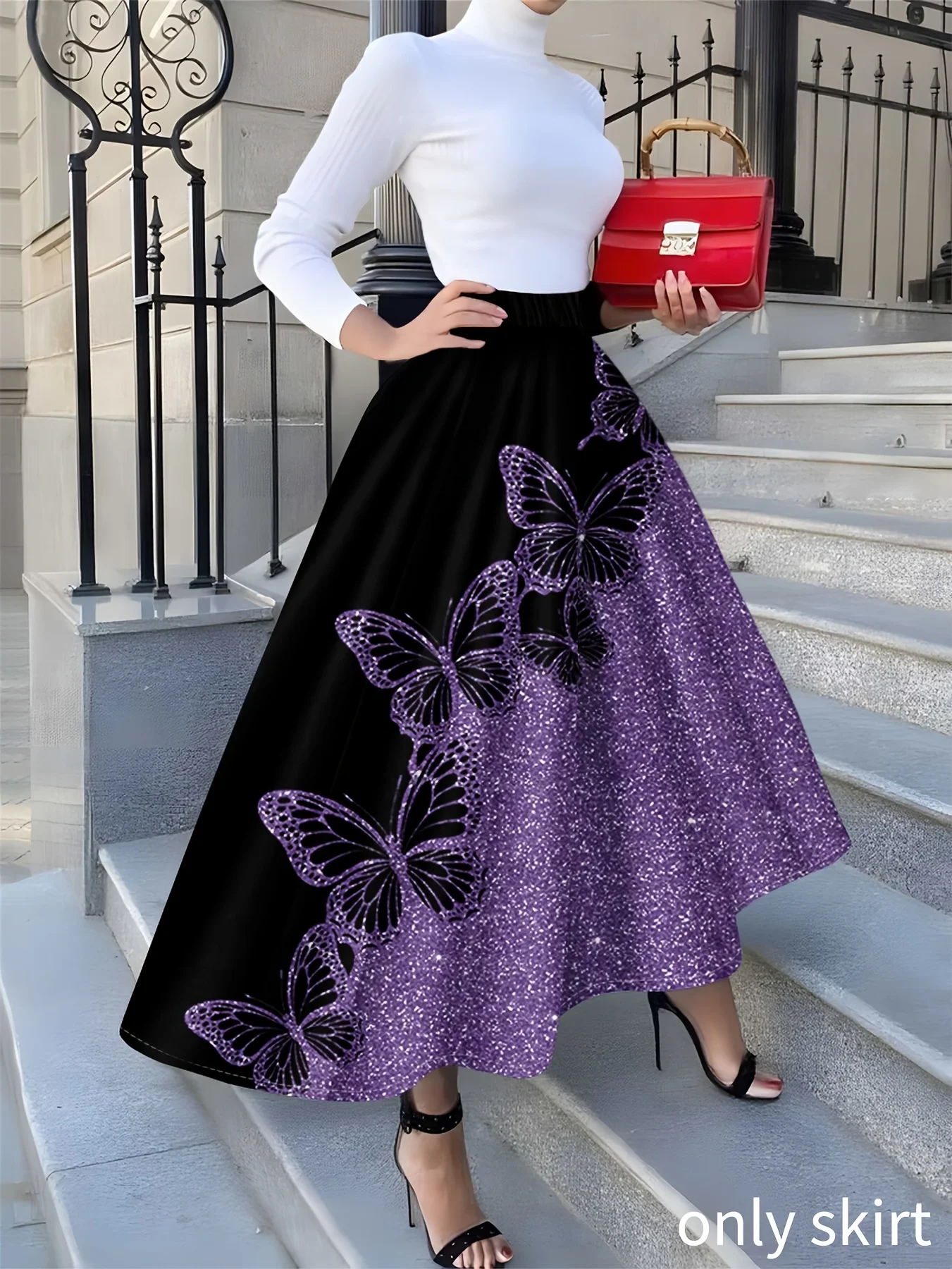 Women High Waist Maxi Skirt Purple Butterfly Print A‑Line Swing LongSkirt Glitter Elegant Party Holiday Casual FlowyLadiesSkater