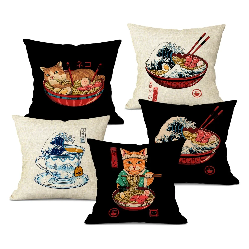 

Japanese Style Decorative Cushion Cover Cute Japanese Ramen Tea Cat Octopus Pillowcase for Home Decor