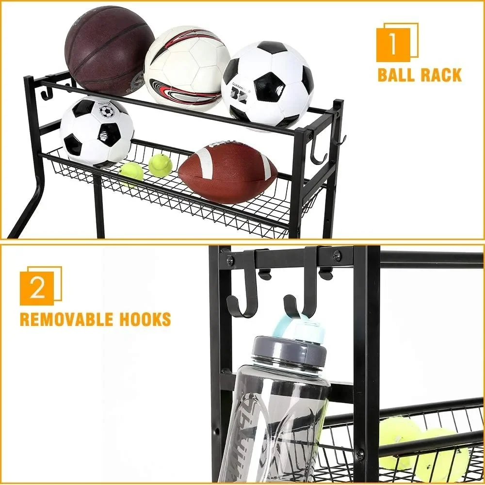 Garage Storage System Sports Equipment Organizer with Baskets and Hooks, Sports Gear and Ball Storage Rack with Wheels