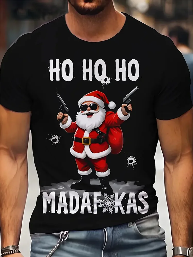 Santa Claus With Gun Print Men's Short Sleeve T-Shirt Loose Casual Breathable Sport Top Men's Summer Fashion T-Shirt Clothing