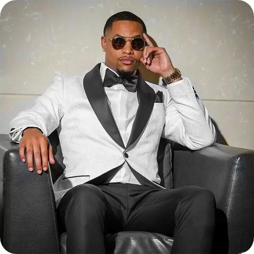 Mens Suits Blazers Groomsmen Lvory Pattern And Burgundy Groom Tuxedos Shawl Lapel For Wedding ( Jacket+Pants)