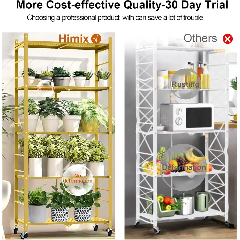 رف تخزين قابل للطي من 5 طبقات مع 20 خطافًا، وحدة بعجلات للمطبخ، والمرآب، والمكتب المنزلي، والدفيئة، باللون الذهبي