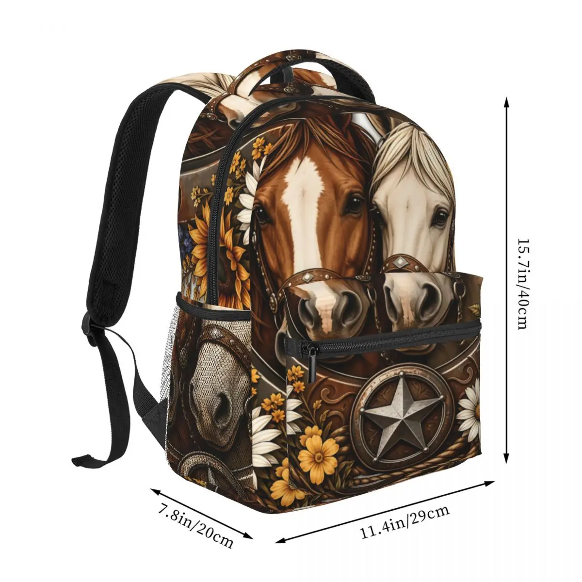 Boho School Backpack Center Horses Horseshoe Sunflower Star Vintage Western Illustration Brow Casual Daypack for School Work Gym
