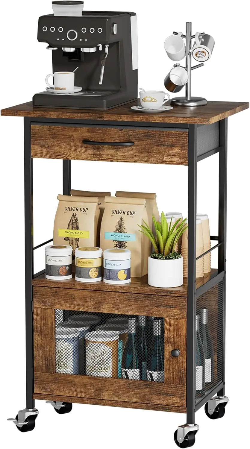 

Rolling Coffee Bar Cabinet with Storage - Farmhouse Kitchen Microwave Stand, Mobile Island Cart for Small Spaces