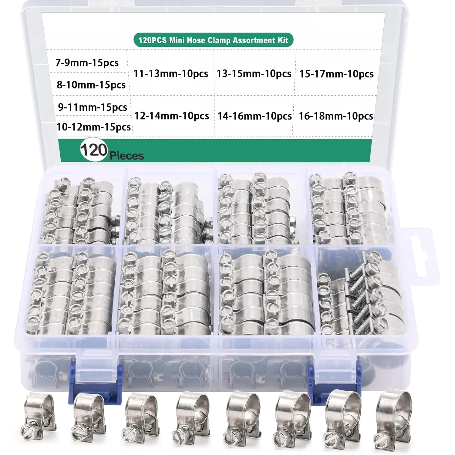 

120pcs 7-18mm Hose Clamp Fuel Line Clamp Water Pipe Clip Seal Welding Clip Fuel Gas Pipe Cable Coolant Radiator Anticorrosive