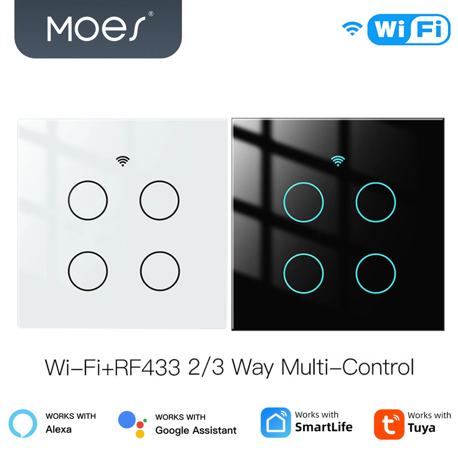 

MOES Tuya WiFi Smart 4-бандовый переключатель со стеклянной панелью Приложение Smart Life Multi-Control Association Голосовое управление Alexa Google 2/3 Way EU