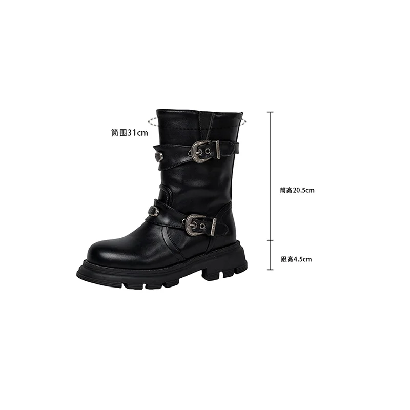 SIMLOVEYO 2024 British Midcalf Boots Vintage Slip On 4.5cm Heel Faux Leather Buckles Big Size 43 44 US13 Cowboy Wide Leg image 2
