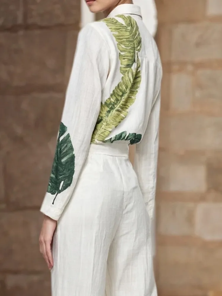 UOOZEE femmes printemps vert feuille imprimé Imitation lin Blouse léger respirant décontracté Chic élégant bureau dessus de chemise