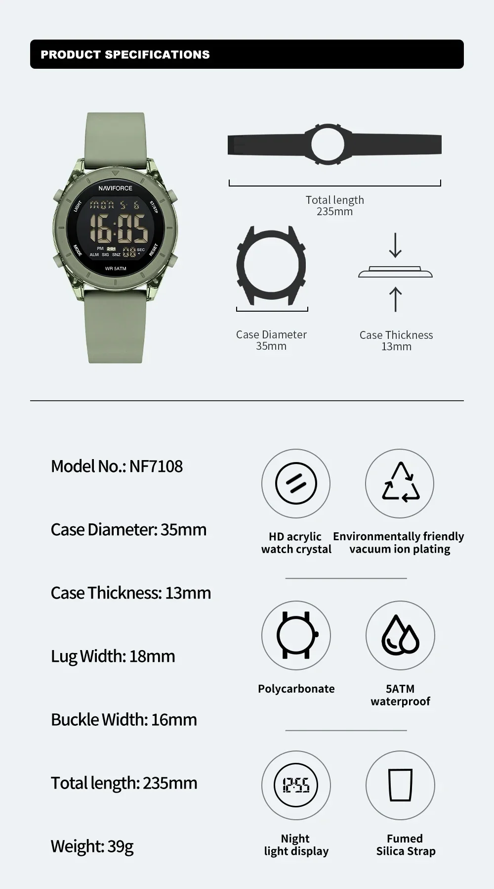 NAVIFORCE NF7108 Lady Digital Sports Luminous Multifunction Waterproof Chrono Wristwatch Outdoor Girls Fashion Watch