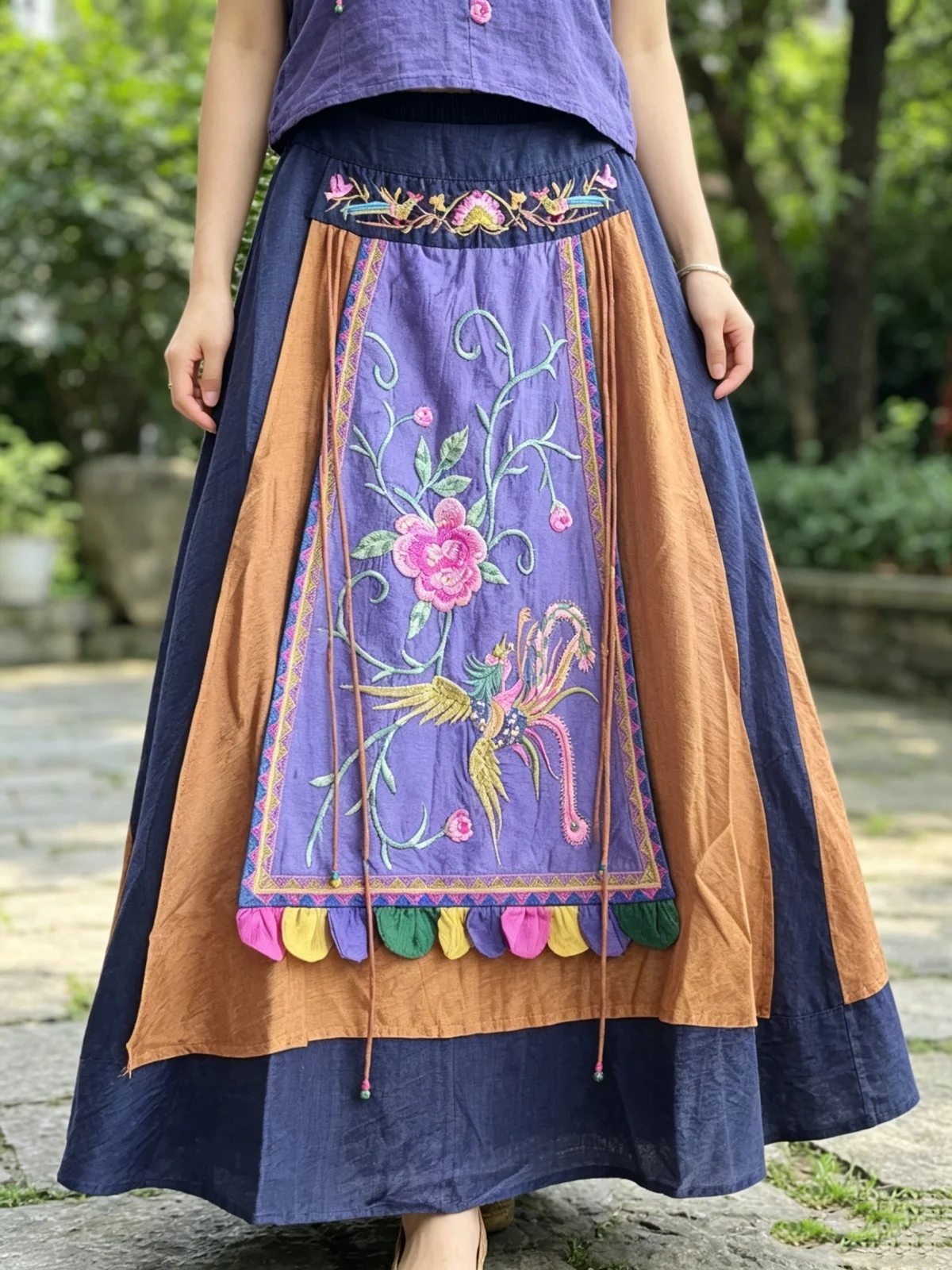 National style Women's skirt Dark blue embroidered semi elastic waist Vintage skirt spring long skirts Woman clothing sales