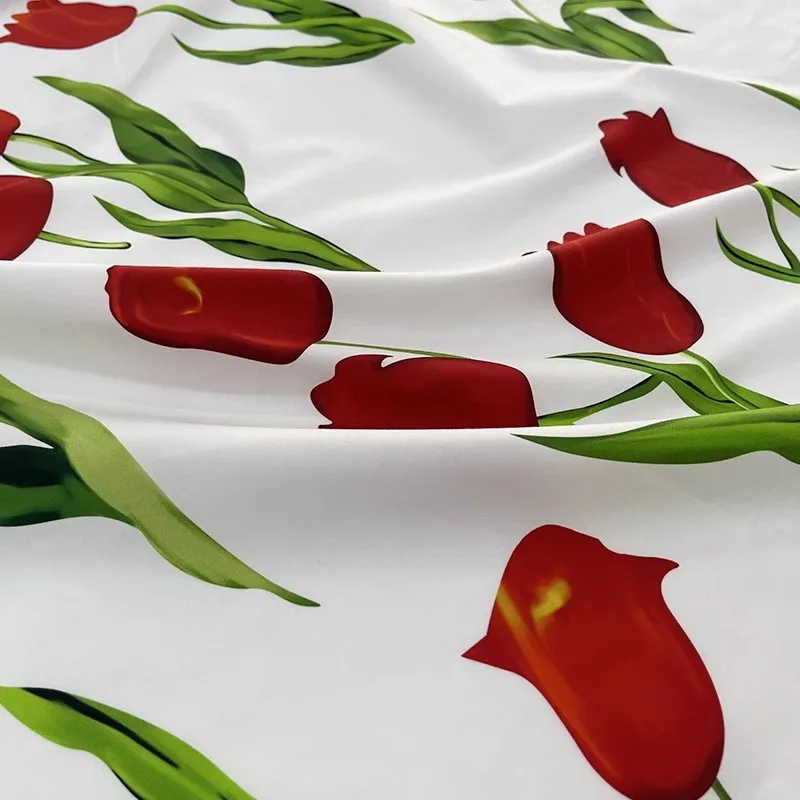 Europe And America Fashion Red Tulip Flower Printed Cotton Fabric For Women Dress Blouse Handmade DIY Cloth Sewing