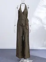 Elegant Sequin Halter Top Trouser Suits Women Sleeveless Vest Lace Up Wide Leg Pants 2026 Vacation Brown 2 Pieces Set Lady New - Image 6