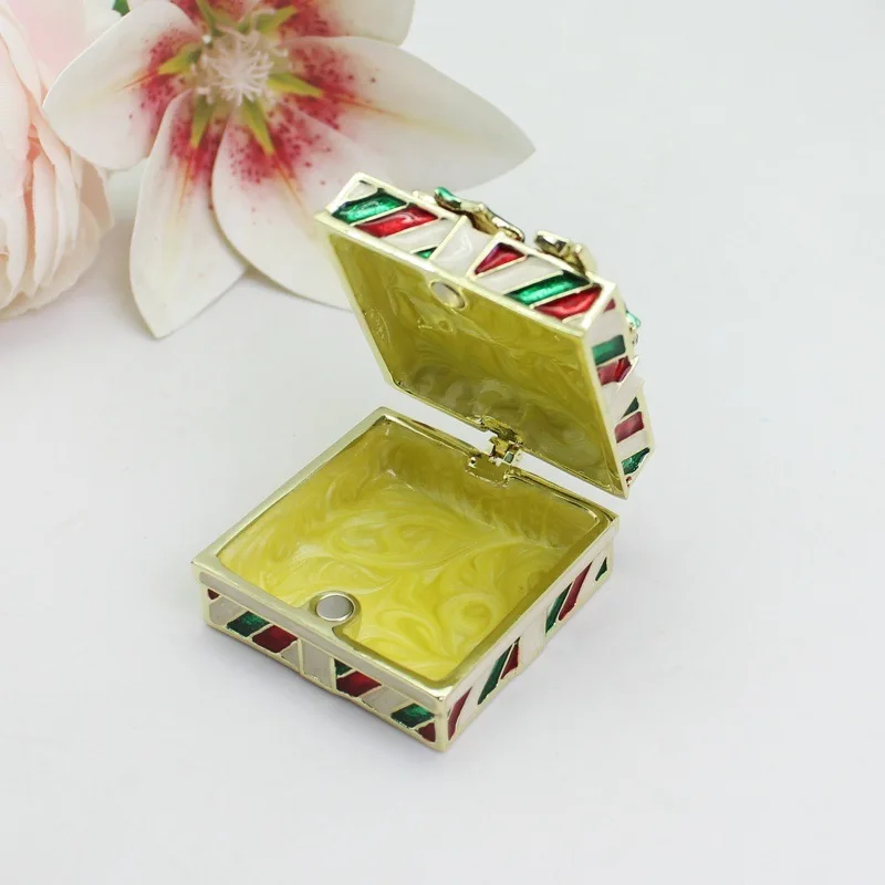 Golden Crystal Enameled Christmas Bowknot Jewelry Box Hand-Painted Hinged Trinket Box Elegant Holiday Decor Gift for Men & Women