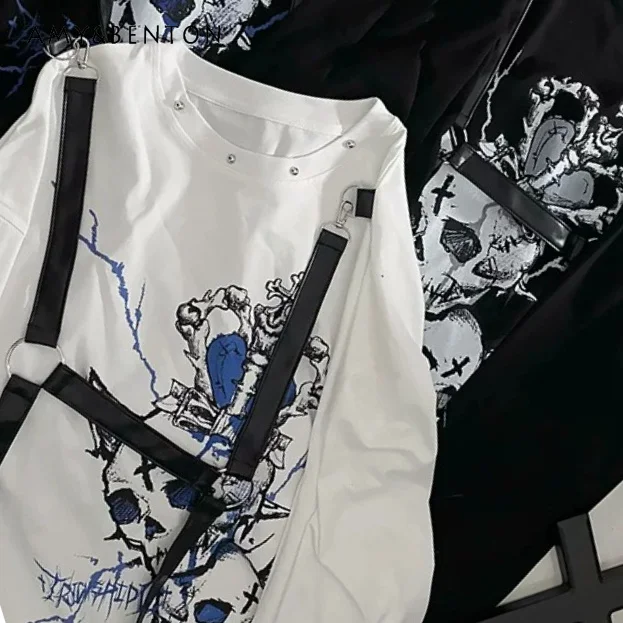 

Gothic Animation Printing Subculture Dark Loose Belt Splicing Long-sleeved T-shirt Women Japanese Mine Series Oversized T Shirt