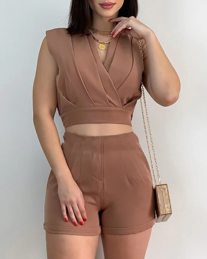 Women Casual 2024 Summer Two-Piece Outfits Casual Fashion Sleeveless V-Neck Ruched Crop Top & Straight Leg Work Shorts Set