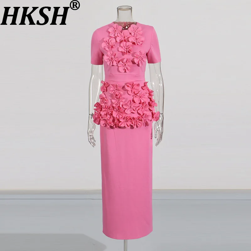 

HKSH 2026 Spring Summer New Women Set Three-Dimensional Flower Short Sleeves Top Elegant Bodycon Skirt Slim Fit Chic Ins HK17412