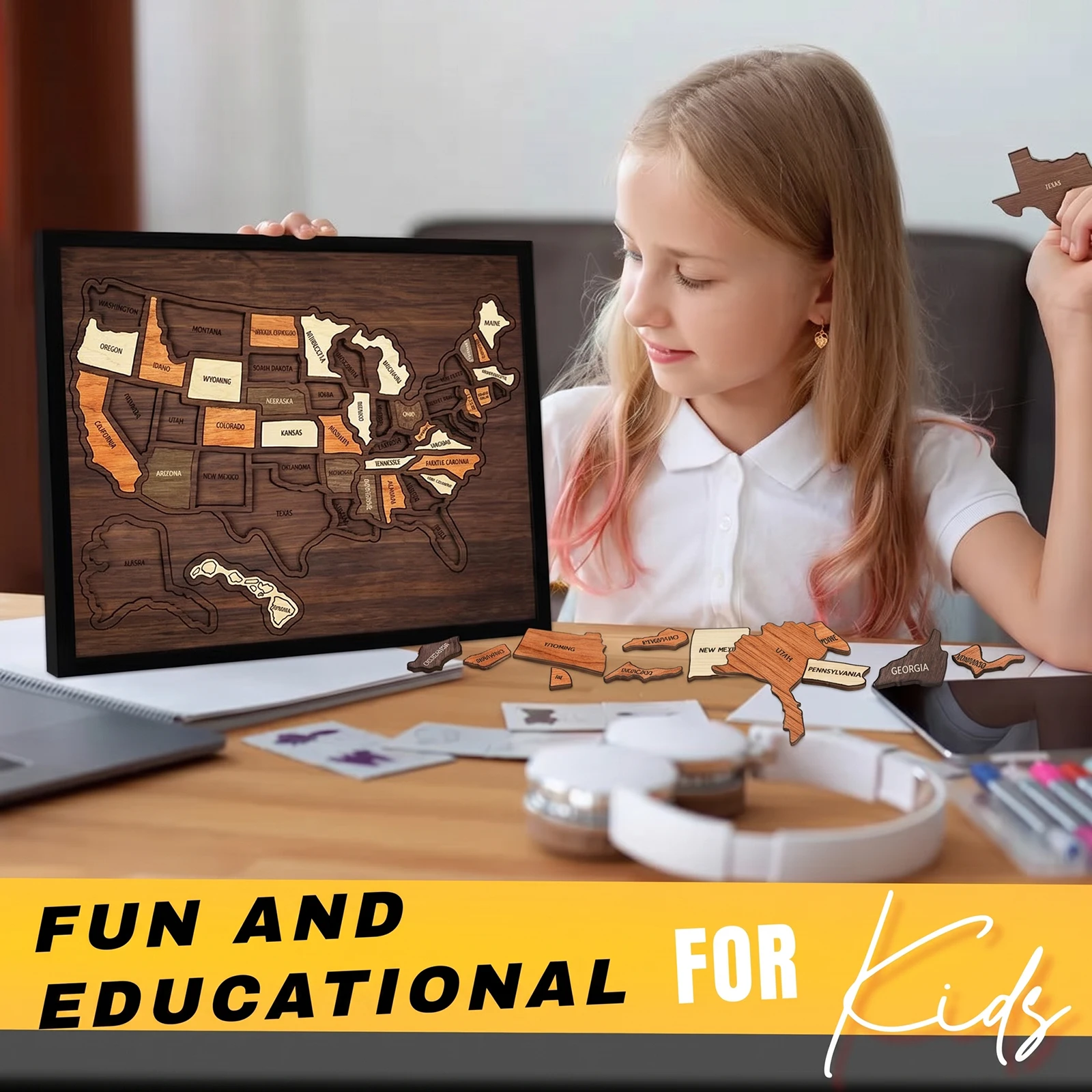 Wooden USA Maps Puzzle Multi-Purpose Landmarks Cork Travel Map Interactive Geography Learning Toy for Home Decor Remarks