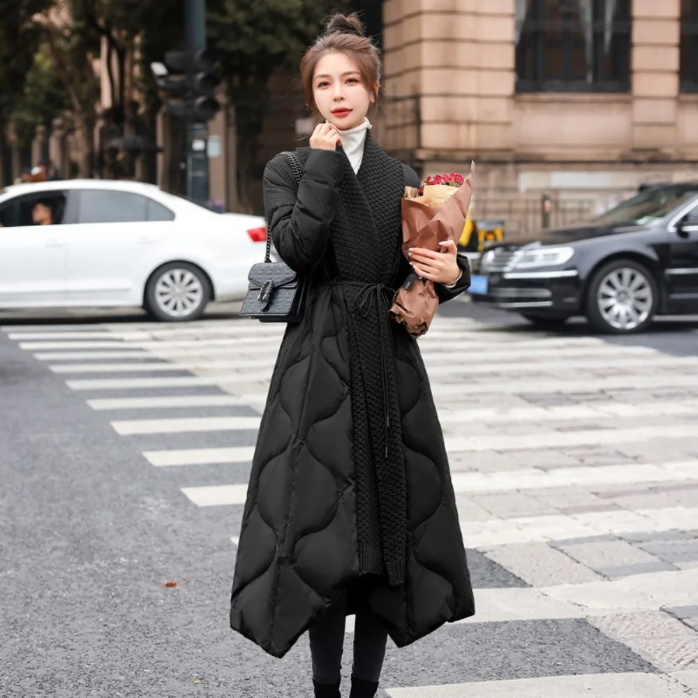 パッチワークニットスカーフカラーふわふわパファージャケット レディース 新作 冬 ロング丈 厚手 暖かいダックダウンコート