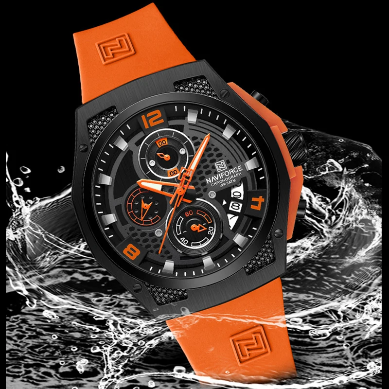 NAVIFORCE Men High Quality Silicone Strap Sport Watch Male Quartz Calendar Chronograph Wristwaches Water Resistant Clock for Man