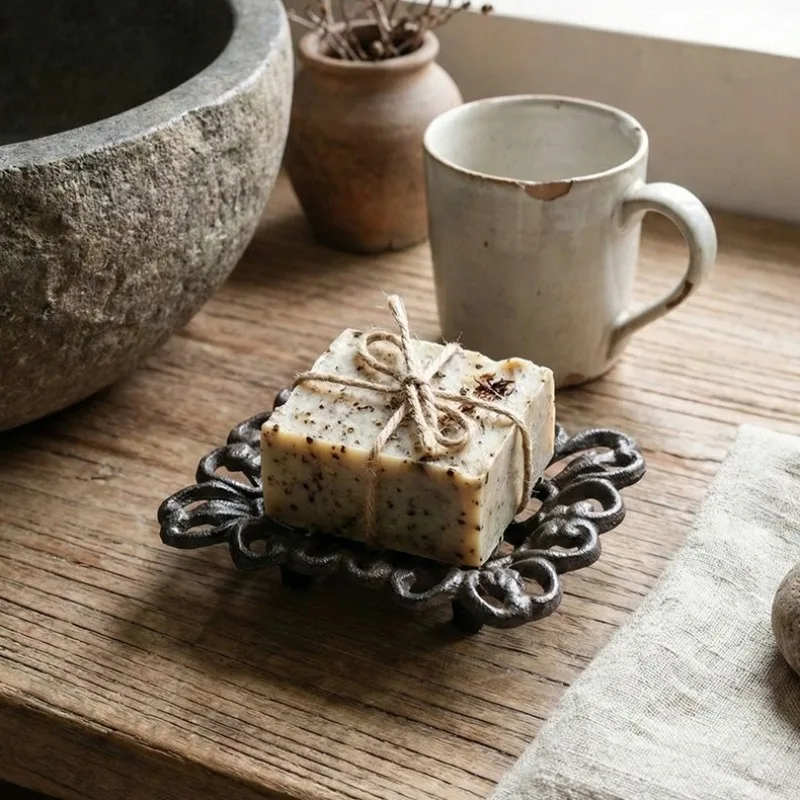 Vintage Cast Iron Soap Dish with Elegant Laser Cut Floral Pattern Minimalist Home Decor for Bathroom Kitchen or Balcony Display