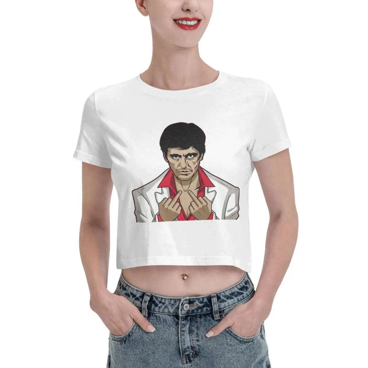 Movie Scarface Tony Montana Graphics Leak navel T-shirt, Womens Summer Cotton Tee Fashion Crew Neck Short Sleeve T Shirts