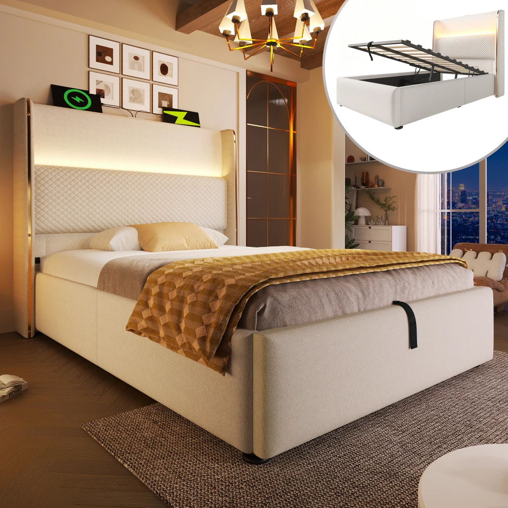 Modernes Hydraulikbett mit hohem Kopfteil, Einzelbett mit LED-Beleuchtung, Stauraum und USB-/Typ-C-Anschlüssen aus Leinen (ohne Matratze)