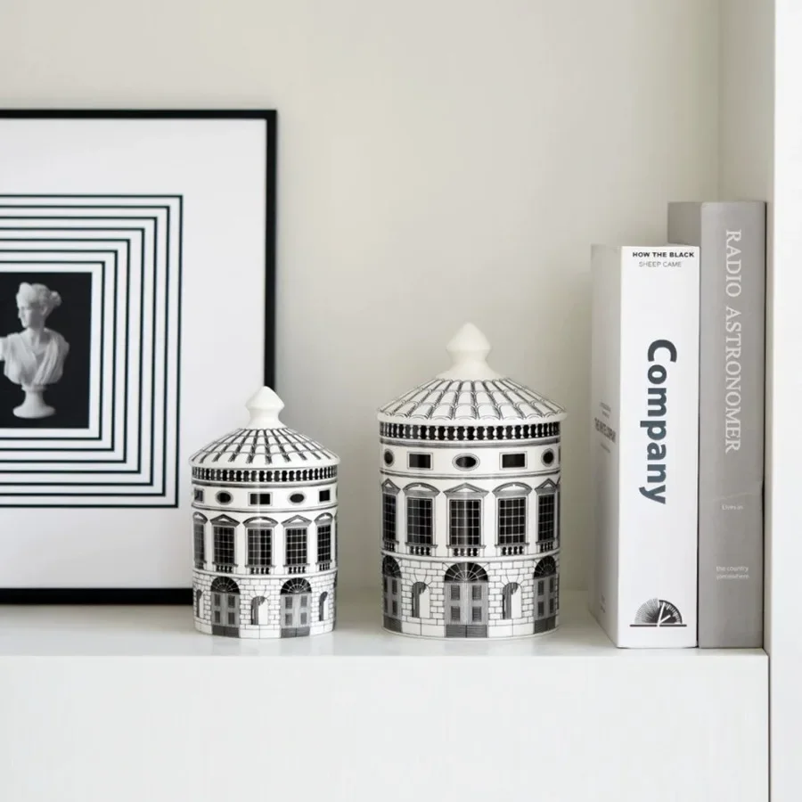 Creative Black and White Architectural Art Ceramic Jar Candle Bottle Home Decor Jewelry Cosmetics Storage Jar Best Gift Ornament