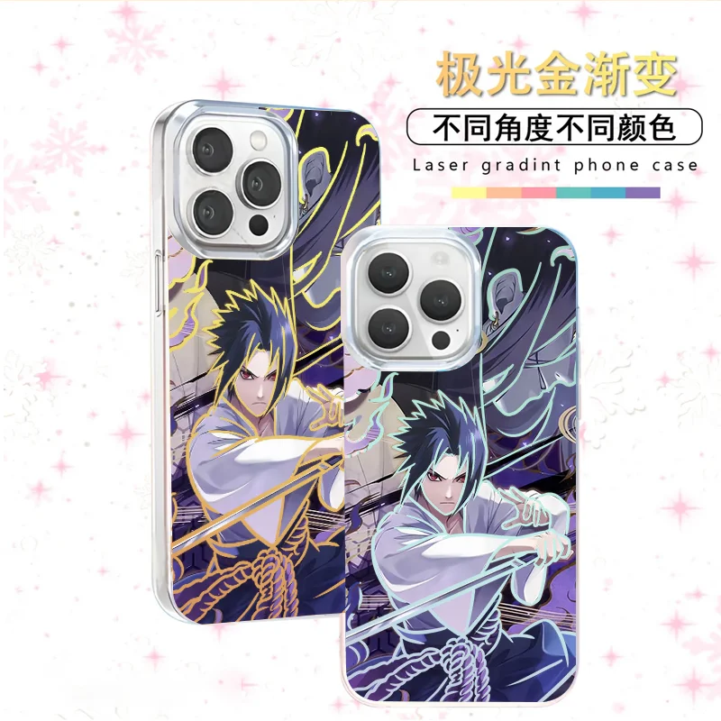 

3D Naruto Uchiha Sasuke Phone Case for iPhone 12 13 16 15 14 11 17 Pro Max Plus 17ProMax Anime Handsome Aurora Laser Back Cover