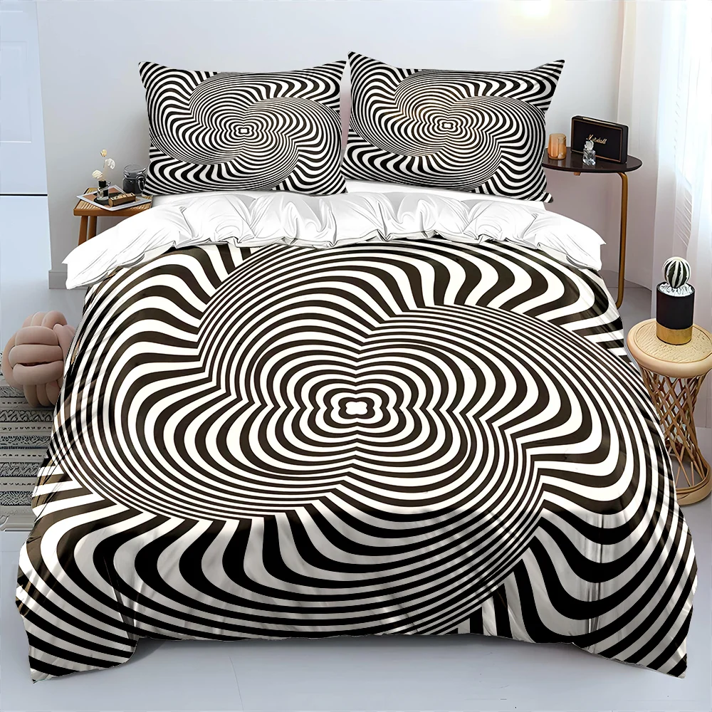 Black and white optical vortex Bedding Set for Kids Luxury Gift 3pcs Digital Print Comforter Set Soft Comfortable Breathable