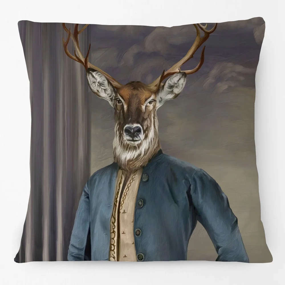 Animals Portraits Painting Art Cushion Cover Deer Elephant Horse Lion Wolf Royal Decorative Pillow Case
