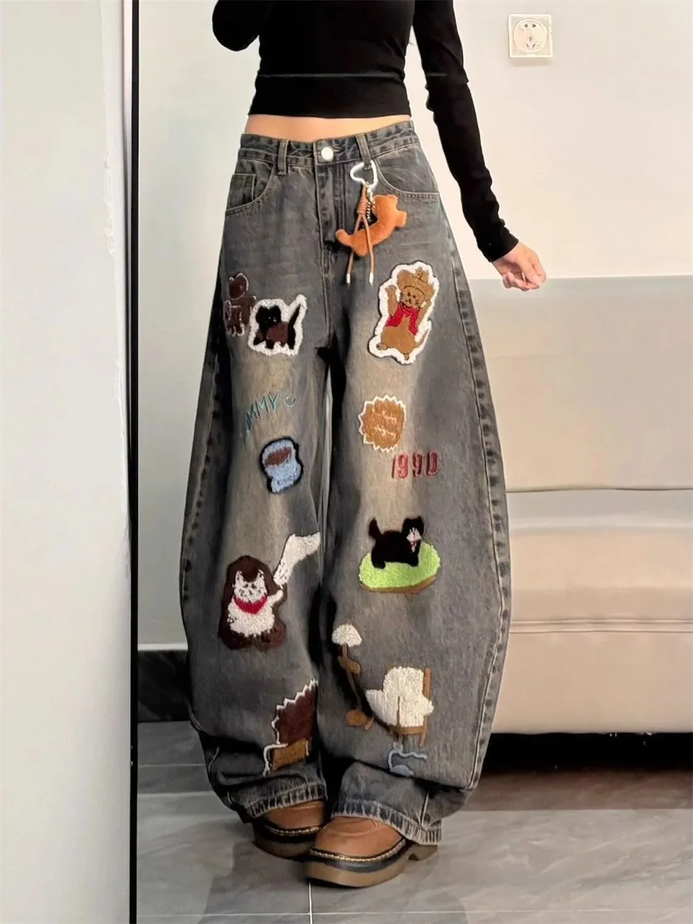 American Cartoon Embroidery Cute Jeans Women Casual Sweet Wide Leg Loose Vintage Denim Pants Y2k High Street Korean College Jean