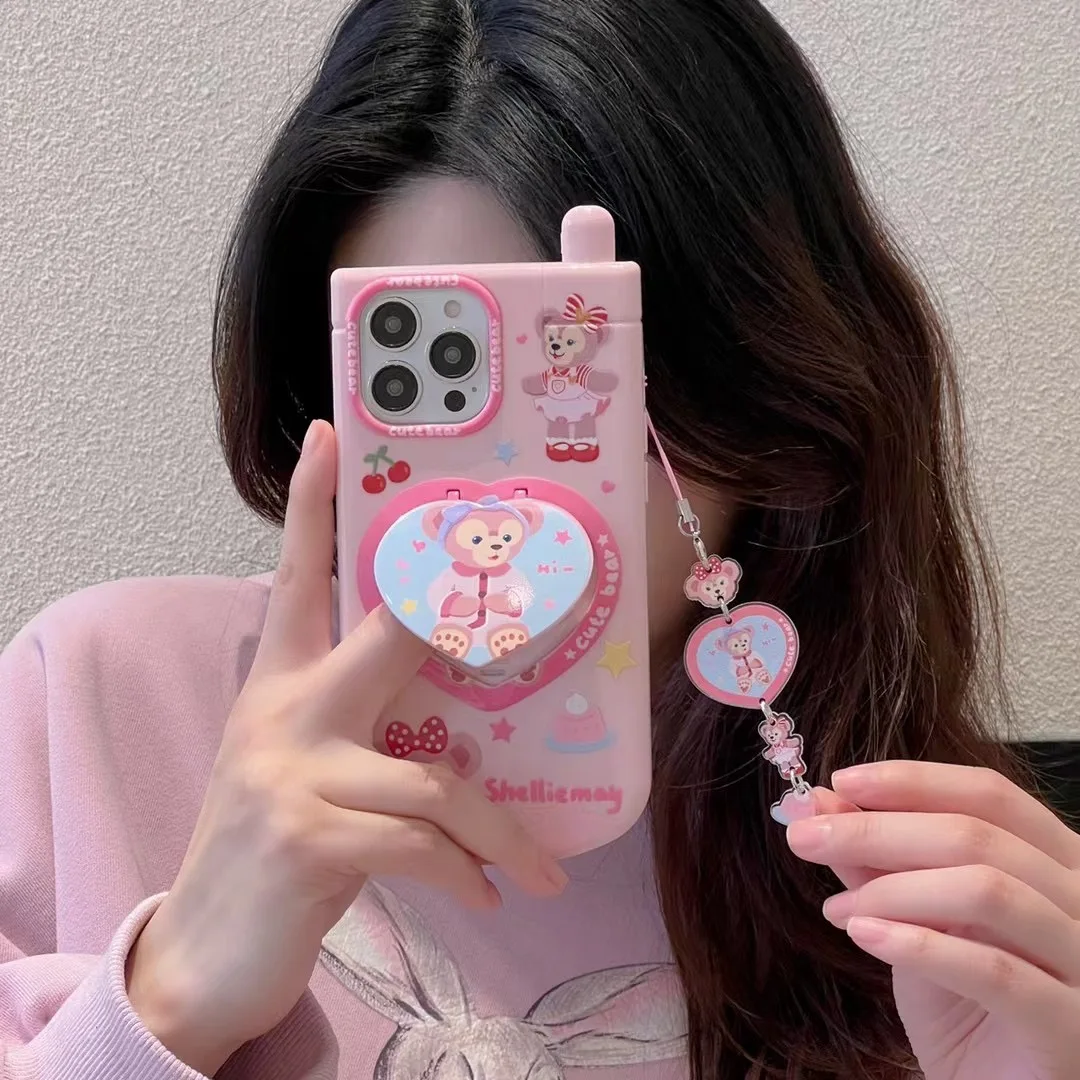 Pink Cute Cartoon Duffy Bear Stella Lou Friend Mirror bracket Phone Case for iPhone 15 16Pro Max 14 12 13 11 Luxury Cover