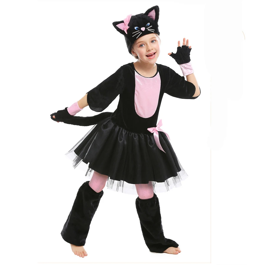 Umorden Kind Kinder Mädchen Fräulein Kitty Kostüm für Teen Mädchen Rosa Schwarz Katze Kleid Anzug Halloween Karneval Partei Mardi gras cosplay