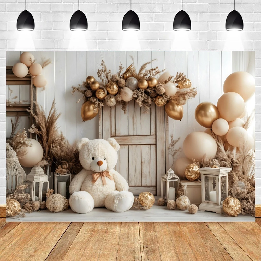 Baby 1st Birthday Backdrop Bohemian Pampas Toy Bear Brown Arch Balloon Kids Birthday Party Cake Smash Photography Background