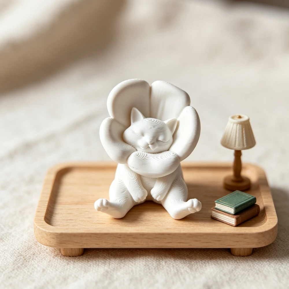Tabletop Mascot Modern Botanical Theme White Kitten Sculpture Whimsical Flower Collar Geometric Mat for Apartment Lounge