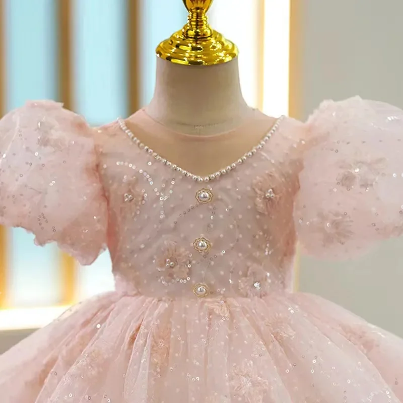 Lovely Pink Beaded Bow Sheer Neck Girl Princess Ball Gown First Communion Prom Costumes Dress Flower 2023