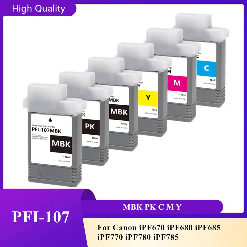 Cartucho de tinta Compatible con PFI-107 PFI107, para Canon iPF670, iPF680, iPF685, iPF770, iPF780, iPF785, con Chips completos de tinta