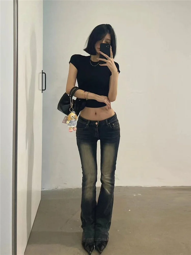 

Женские джинсы-клеш с низкой посадкой, зауженные, прямого кроя, в стиле High Street, весна-осень, с эффектом потертости, темного цвета, на молнии