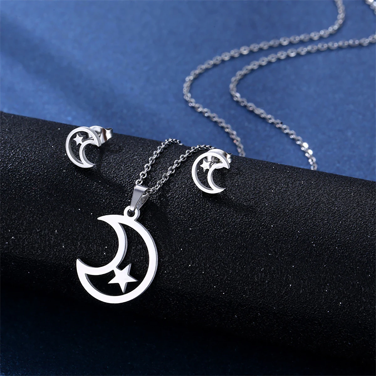 Star Pendant Necklace Earrings for Women Girls Simple Hollow Star Moon Sliver Five-pointed Star Drop Jewelry Set Trendy Gifts