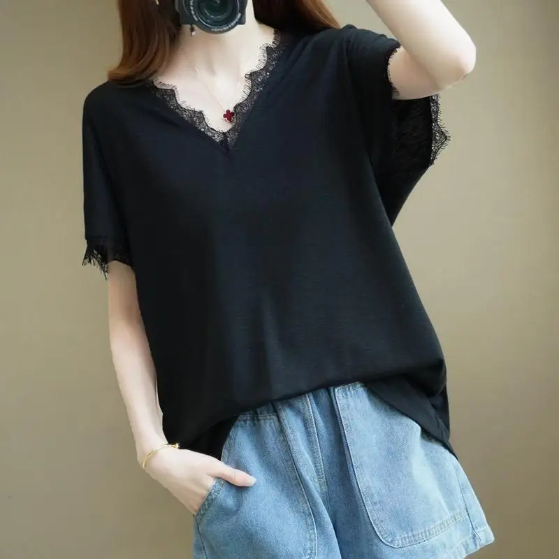 

Sexy Lace Patchwork Black T Shirts Summer New V Neck Short Sleeve Solid Color Loose Thin Tops Tees Casual Fashion Women Clothing