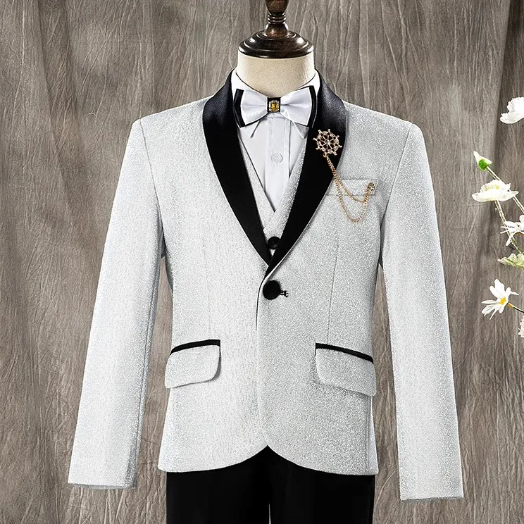 Children Luxurious Shining Jacket Vest Pants 3P Party Photography Suit Boys Performance Costume Kids Piano Wedding Tuxedo Dress