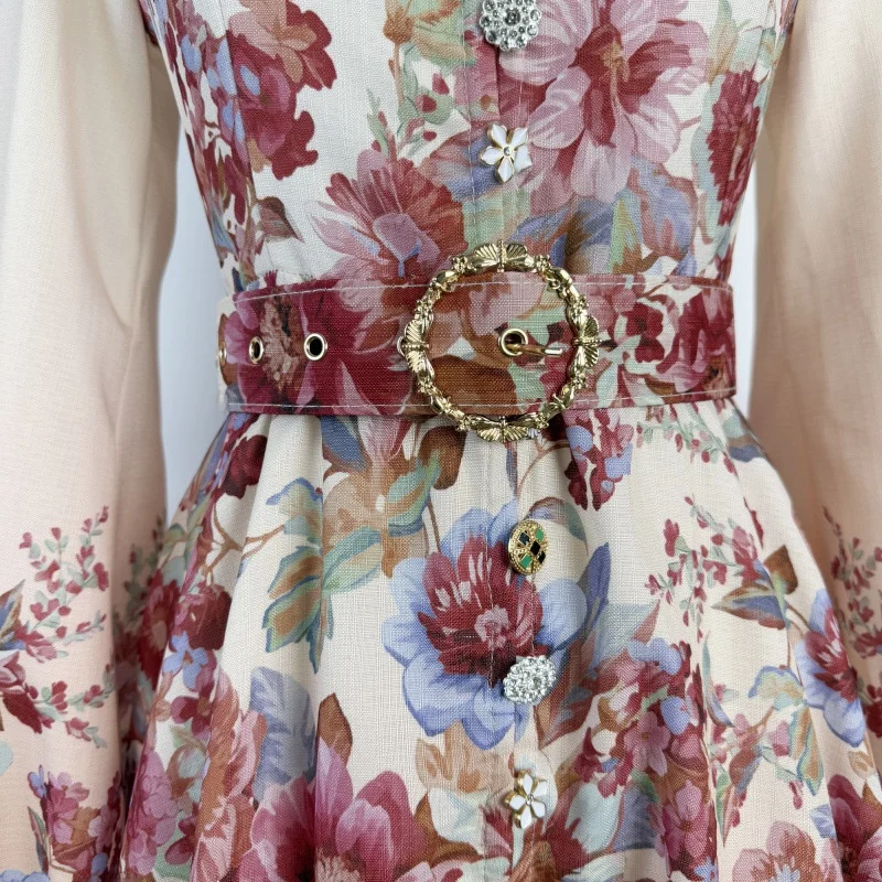 レトロプリントロングドレススタンドカラーシングルボタンランタンスリーブレディース春夏秋ファッションミッドウエストAラインドレス