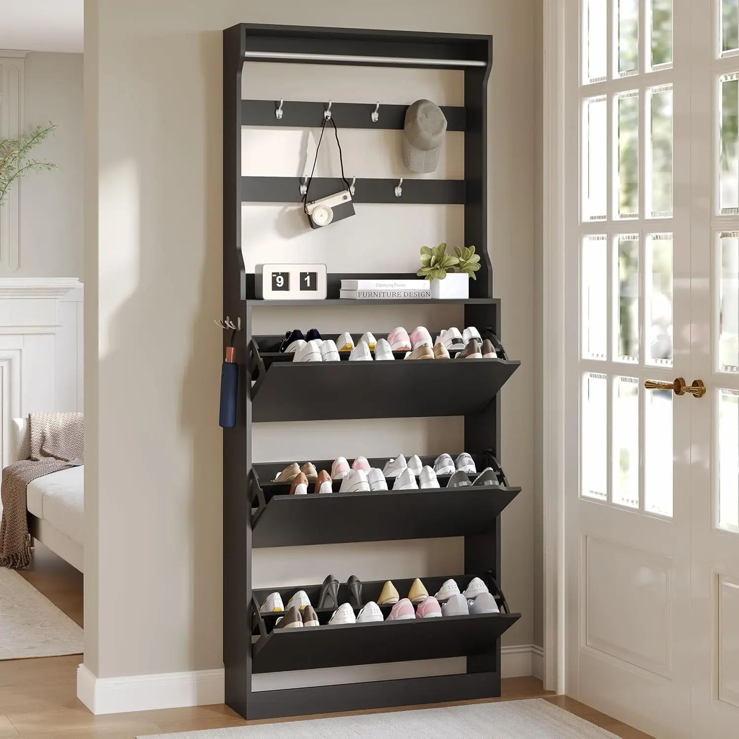 Tall Shoe Cabinet with Coat Rack, Hidden Storage Doors Drawer, Hanging Bar Hooks, Slim Organizer , Customized