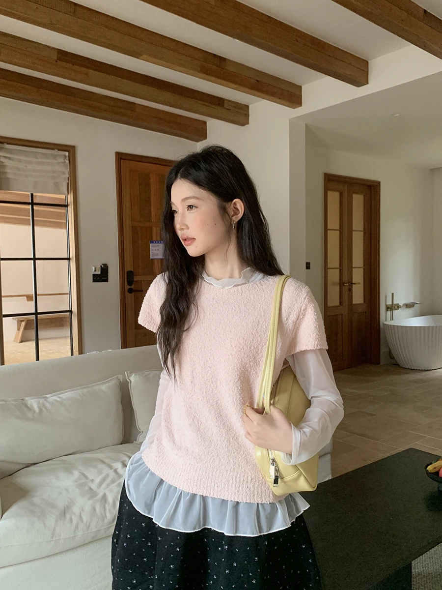 

Pink Short Sleeve Knitted Two-Piece Set Women's Mesh Splicing Ruffle Bottom Base Top Korean Style Loose Fit Breathable Soft