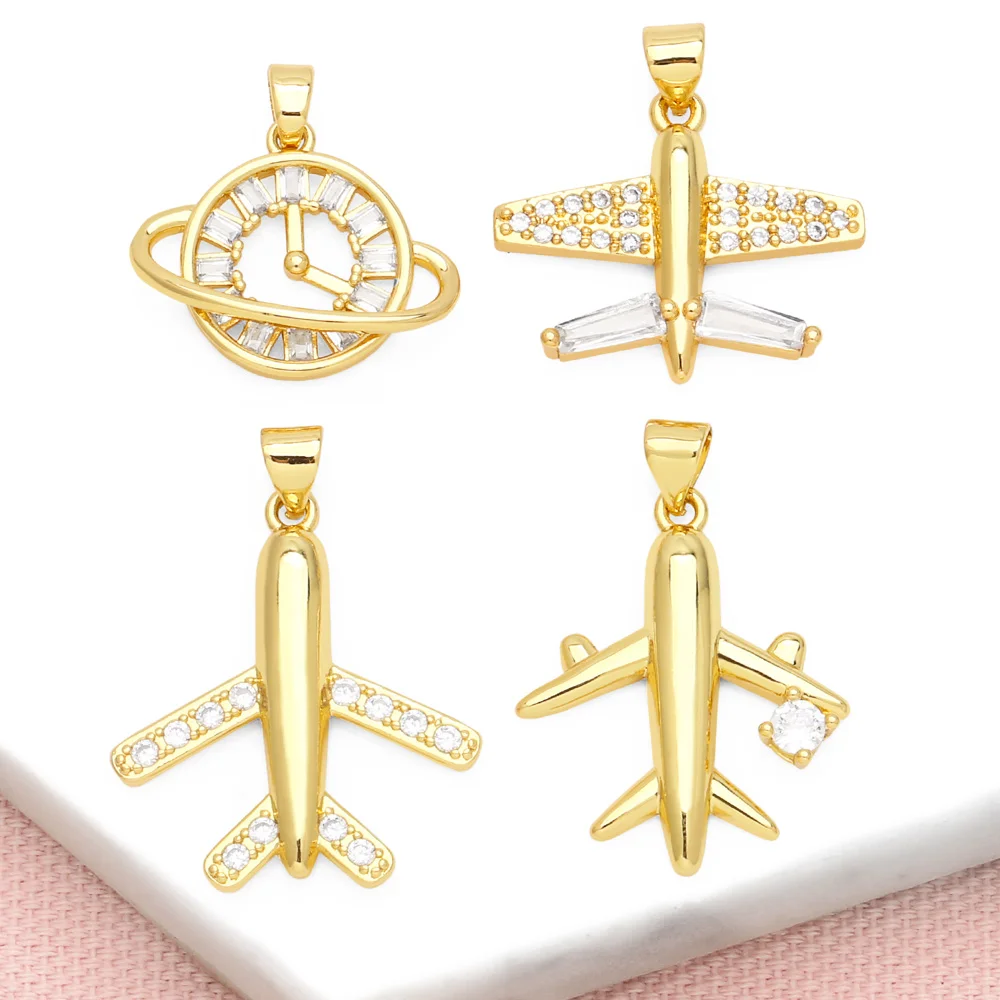 OCESRIO White Crystal Airplane Pendant For Necklace Copper Gold Plated Clock Planet Jewelry Making Component DIY Pdtb375