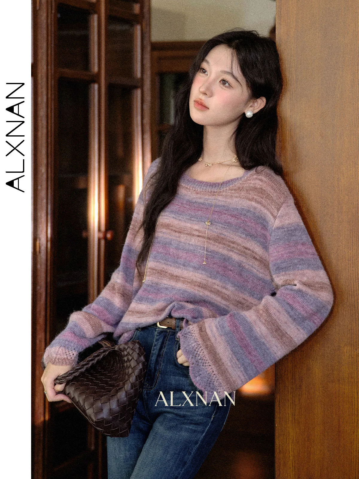 ALXNAN женский свитер в фиолетовую полоску