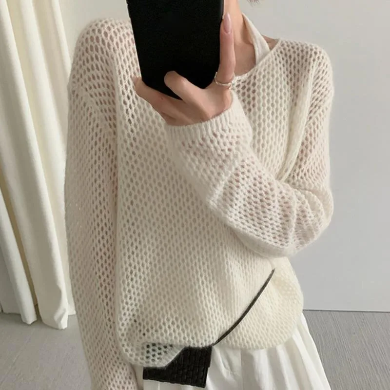 HKSH Autunno Nuove Donne T-Shirt Scava Fuori O-Collo Pullover A Maniche Lunghe di Colore Solido Lavorato A Maglia Allentato Elegante High Street Magliette E Camicette HK11748